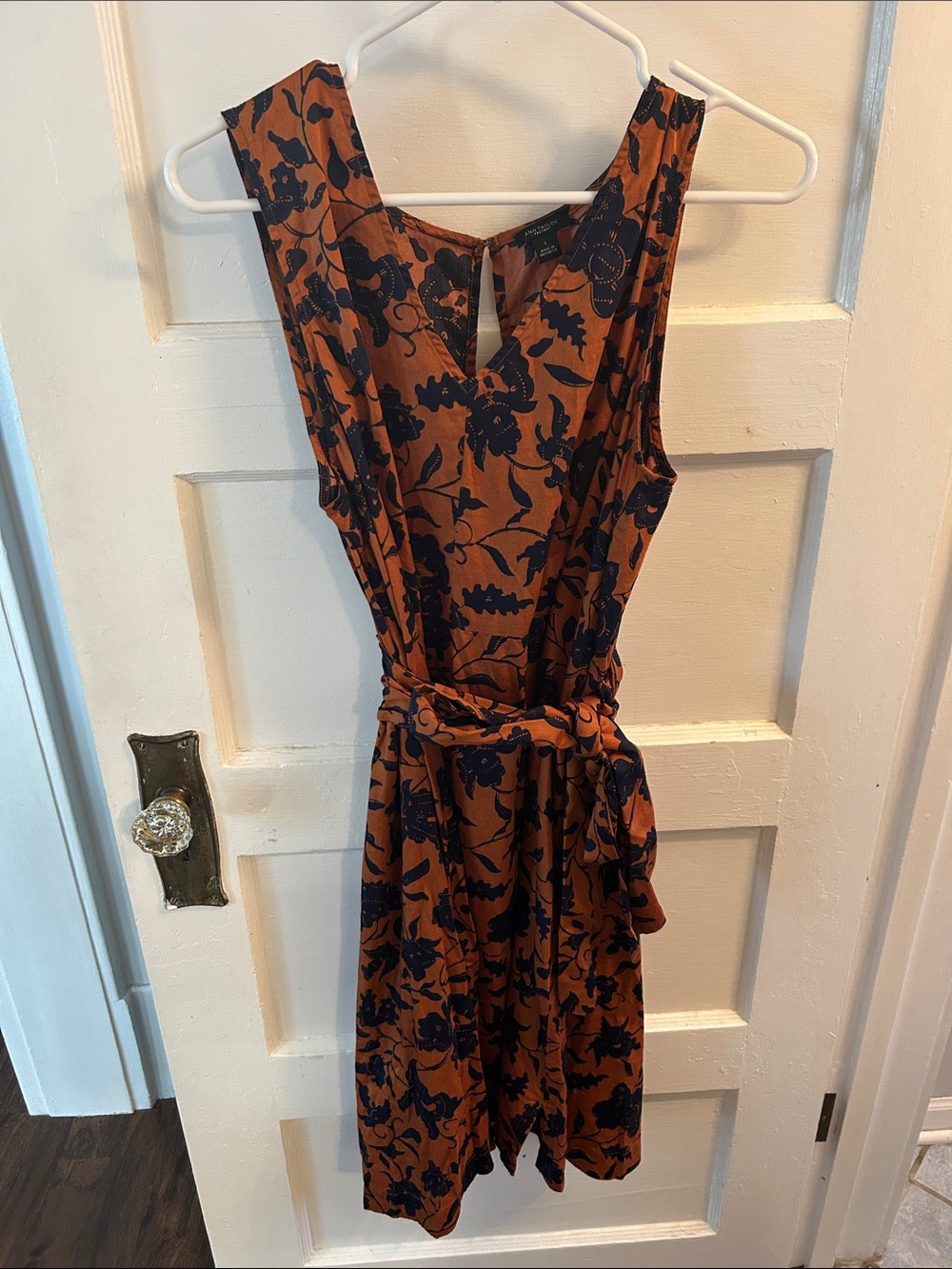 LOFT Rust Midi Dress with Navy Floral Print and Waist Tie Belt